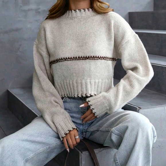 Women Contrast Trim Premium Quality Brushed Yarn Cozy And Warm Sweater - Picture 4 of 4